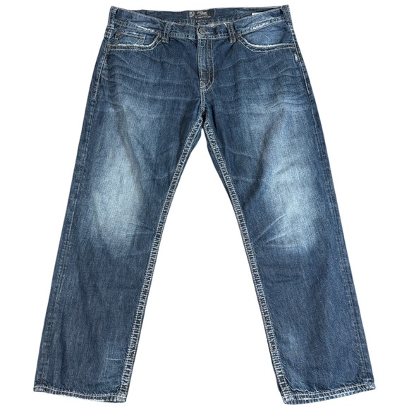 Silver Jeans Mens 42x32 Blue Hunter Distressed Straight Mid-Rise Dark Wash Denim - Picture 1 of 4